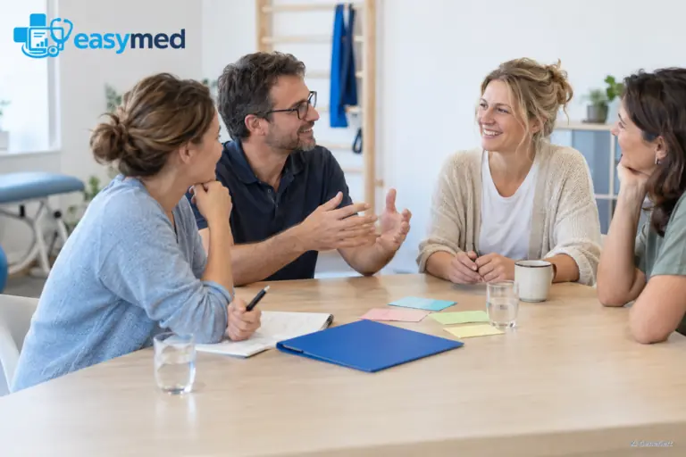 Therapieteam bespricht Änderungen bei Personal und Behandlungsangeboten.