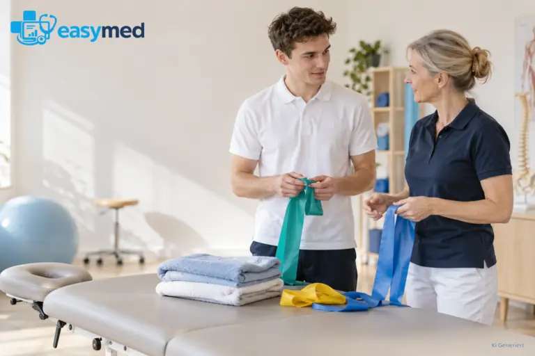 Physiotherapieschüler bereitet mit seiner Ausbilderin den Behandlungsraum vor.