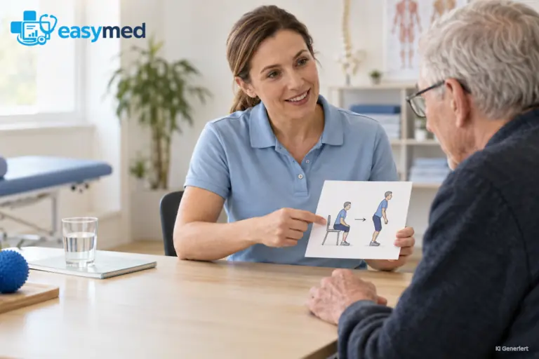 Therapeutin erklärt einem älteren Patienten eine einfache bildliche Übungsanleitung.