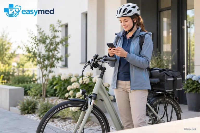 Mobile Physiotherapeutin plant einen Hausbesuch neben ihrem Fahrrad.