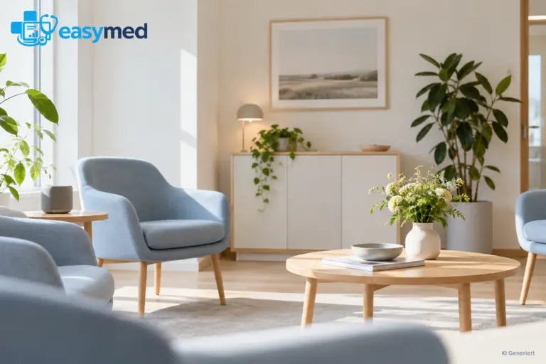 Ruhiges Wartezimmer mit hellen Materialien, blauen Sitzmöbeln und Pflanzen.