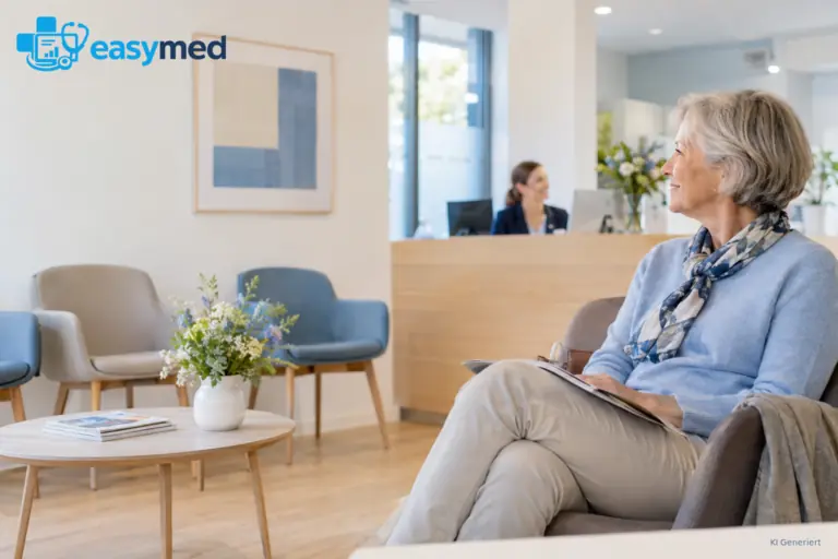 Ältere Patientin wartet in einem übersichtlichen Wartezimmer mit Blick auf den Empfang.