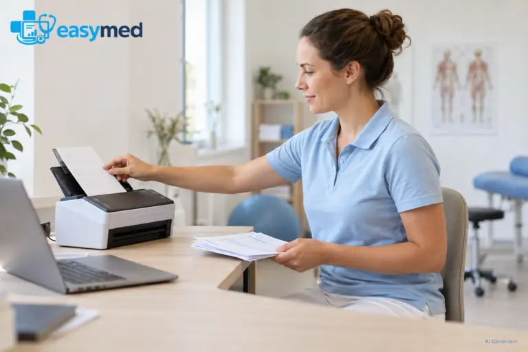 Physiotherapeutin digitalisiert Papierunterlagen am Scanner neben ihrem Laptop.
