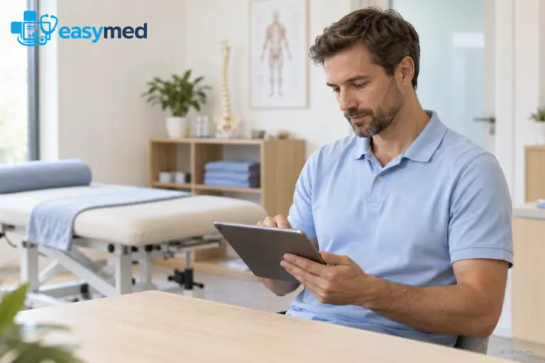 Therapeut dokumentiert nach der Behandlung am Tablet neben der Therapieliege.