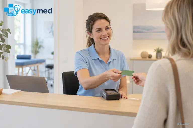 Empfangsmitarbeiterin nimmt eine Gesundheitskarte neben einem Kartenlesegerät entgegen.