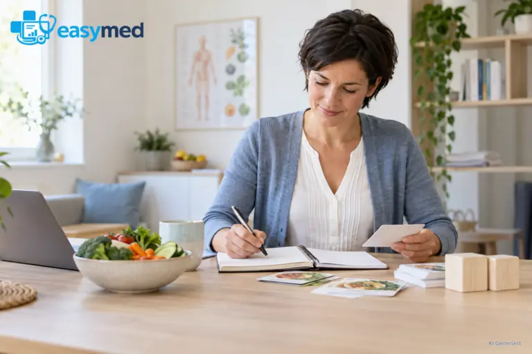 Ernährungsberaterin plant Beratungen und Workshops neben Gemüse und neutralen Rezeptkarten.