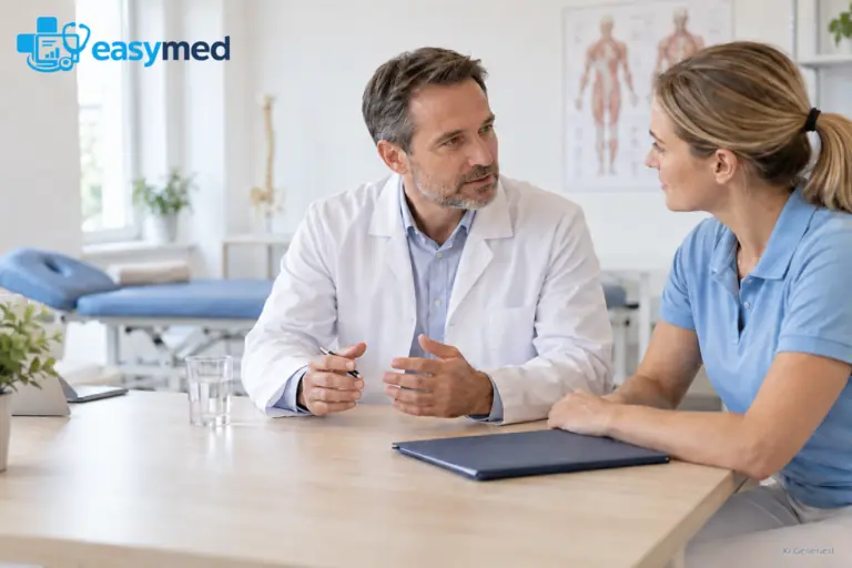 Arzt und Physiotherapeutin stimmen eine fachliche Rückfrage anhand einer geschlossenen Mappe ab.