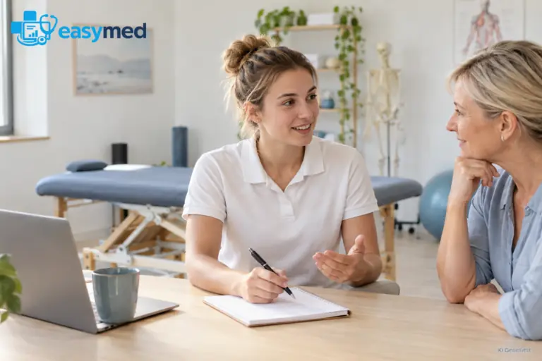Junge Physiotherapeutin bespricht ihre Gründungsentscheidung mit einer erfahrenen Kollegin.