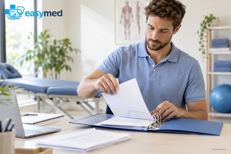 Physiotherapeut ordnet Nachweise und Unterlagen in seinem Gründungsordner.