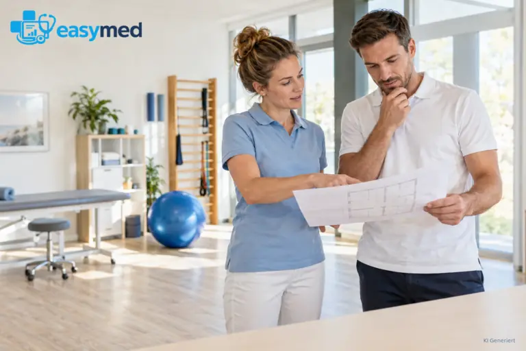 Zwei Physiotherapeuten planen Praxisräume und ihren Behandlungsschwerpunkt.