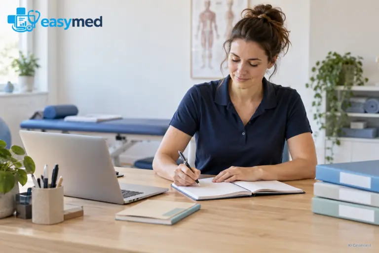 Physiotherapiegründerin organisiert ihre Arbeitsroutinen mit Kalender und Unterlagen.
