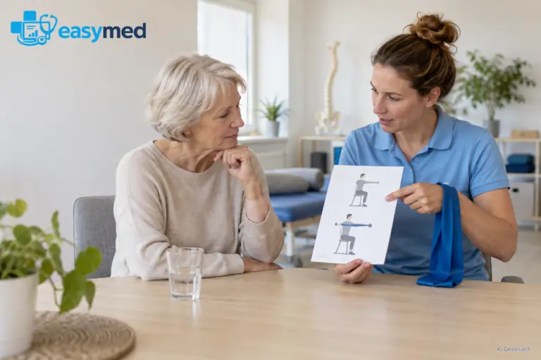 Physiotherapeutin erklärt einer Patientin eine Übungsdarstellung im Beratungsgespräch.