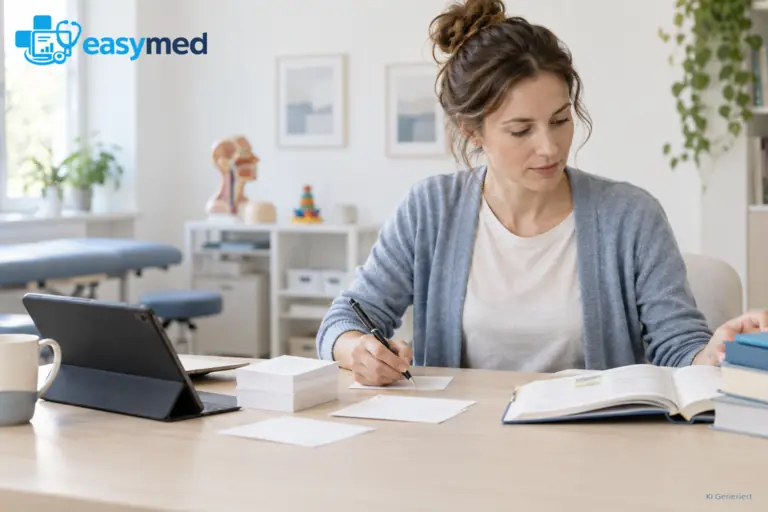 Logopädin plant Praxisarbeit und Lehre mit Tablet, Büchern und Lernkarten.