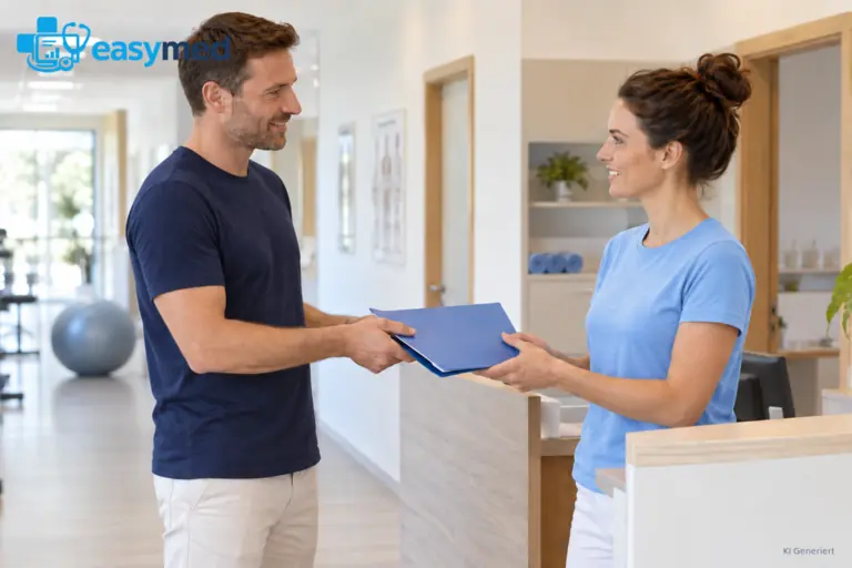 Zwei Fachkräfte stimmen den Übergang von der Rehabilitation zur Physiotherapiepraxis ab.