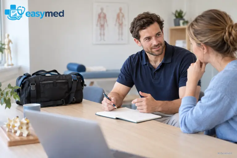 Physiotherapeut wertet Erfahrungen aus einem mobilen Einsatz mit einer Kollegin aus.