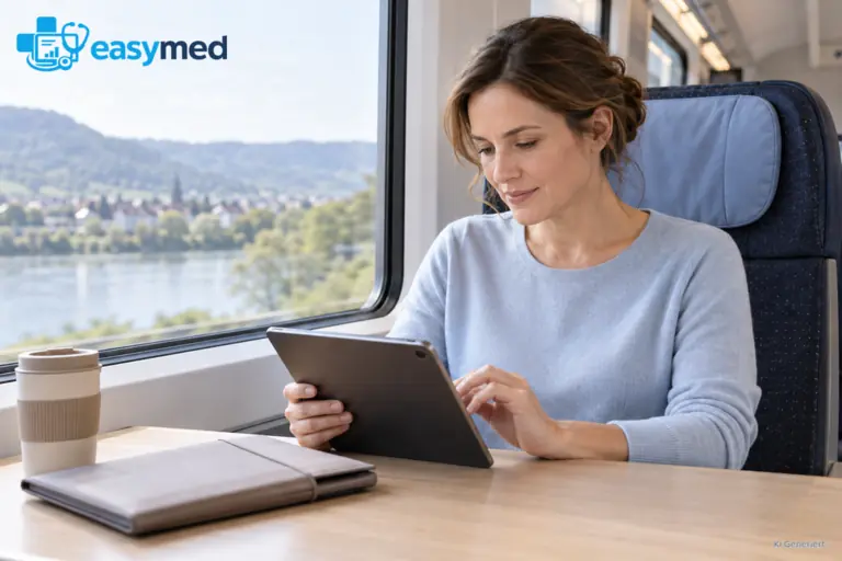 Eine Frau sitzt im Zug mit einem Tablet vor sich; der Bildschirminhalt ist nicht erkennbar.
