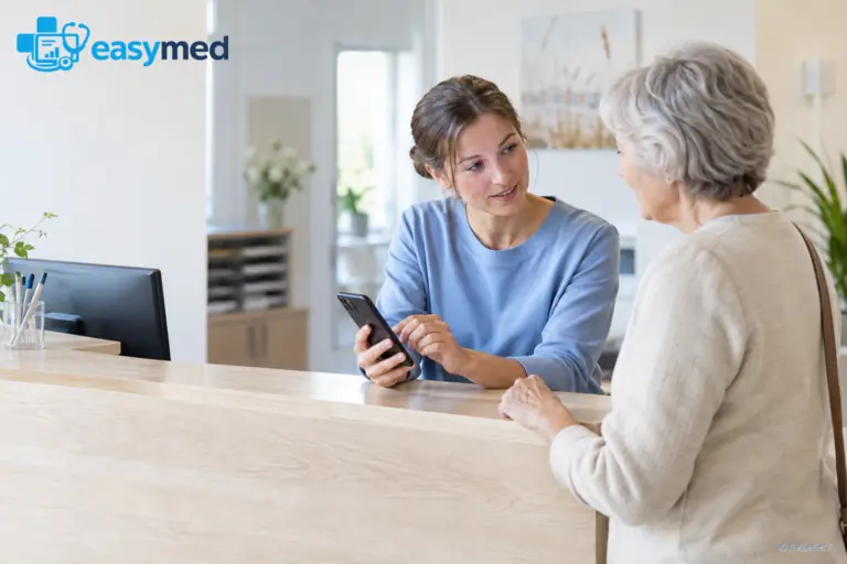 Empfangsmitarbeiterin bespricht mit einer älteren Patientin den Bedarf an Online-Terminen.