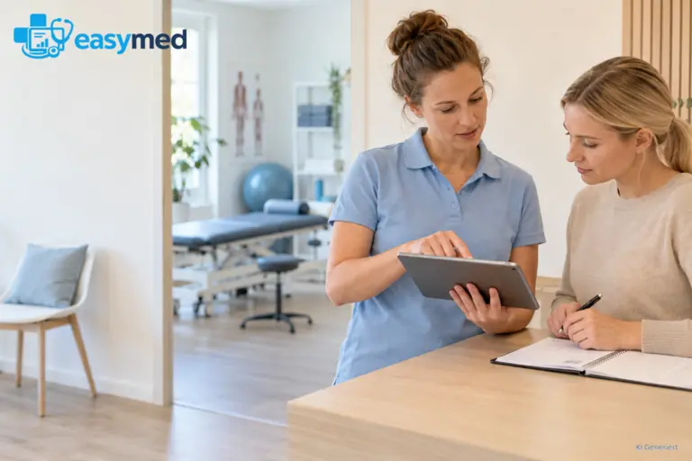 Physiotherapeutin und Empfangskraft prüfen die Terminplanung am Tablet und Papierkalender.