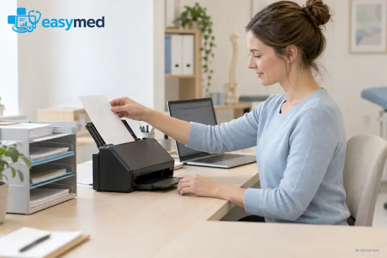 Praxismitarbeiterin digitalisiert ein eingegangenes Dokument am Scanner.