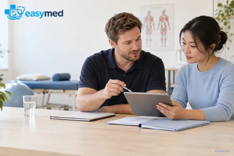 Ein Physiotherapeut und eine Kollegin besprechen an einem Tablet einen Ablauf in der Praxis.