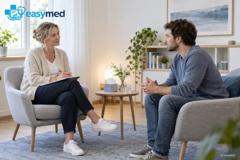 Psychotherapeutin und Patient besprechen den Ablauf in einem ruhigen Beratungsraum.