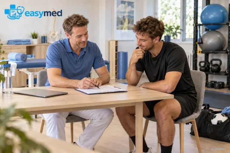 Sportphysiotherapeut stimmt mit einem Sportler Ziele und organisatorische Abläufe ab.