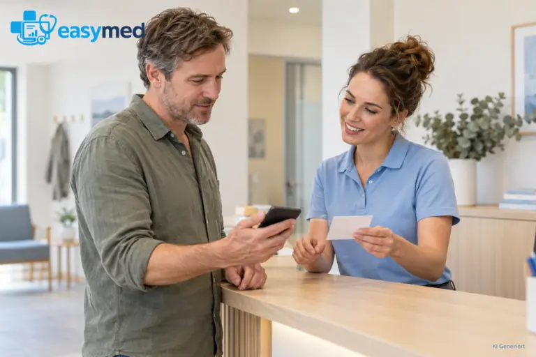 Praxismitarbeiterin bespricht mit einem Patienten die Organisation digitaler Termine.