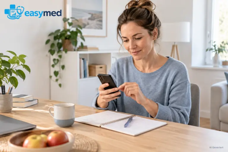 Patientin prüft am Smartphone eine Terminmitteilung neben ihrem Wochenplan.