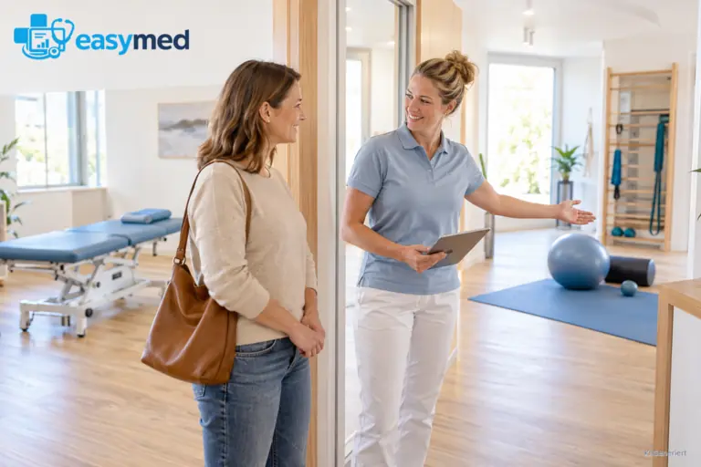Physiotherapeutin erklärt einer Patientin das Angebot und die Räume der Praxis.