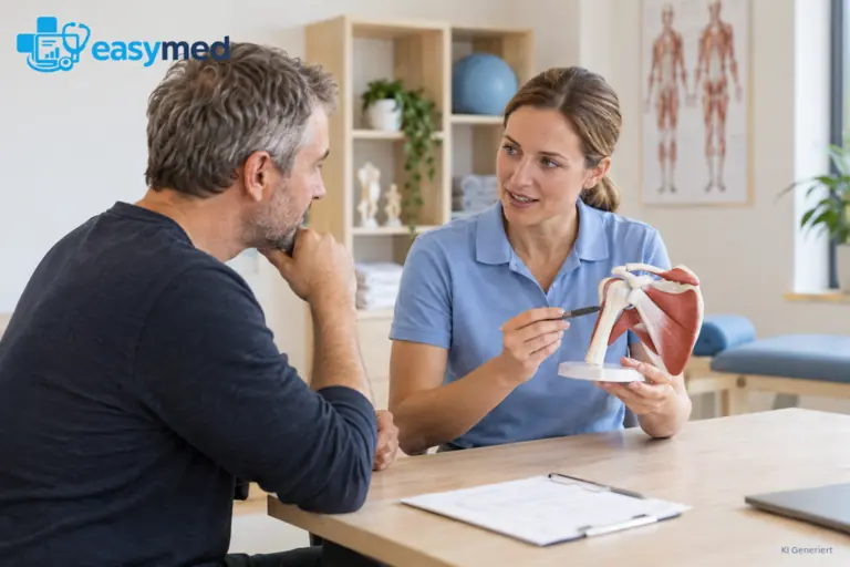 Therapeutin erläutert einem Patienten die Schultermuskulatur an einem anatomischen Modell.