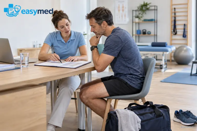 Sportphysiotherapeutin stimmt mit einem Läufer Termine und Kontaktwege ab.