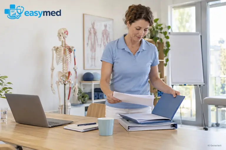 Physiotherapeutin ordnet Unterlagen für Praxisarbeit und Lehre.