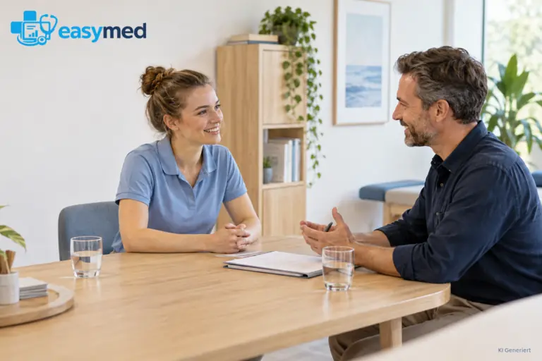 Bewerbungsgespräch am Besprechungstisch einer Therapiepraxis.