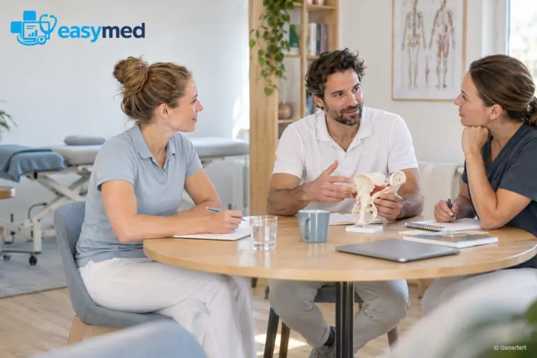 Drei Osteopathen tauschen sich in einer kleinen fachlichen Gesprächsrunde aus.