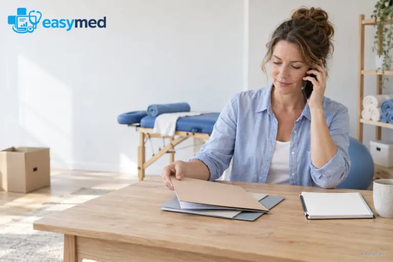 Praxisgründerin telefoniert und ordnet Unterlagen am Schreibtisch ihrer neuen Physiotherapiepraxis.