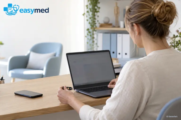Praxismitarbeiterin hält einen Sicherheitsschlüssel neben ihrem Laptop am Empfang.