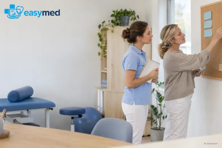 Zwei Kolleginnen ordnen Projektkarten auf einer Pinnwand in der Therapiepraxis.
