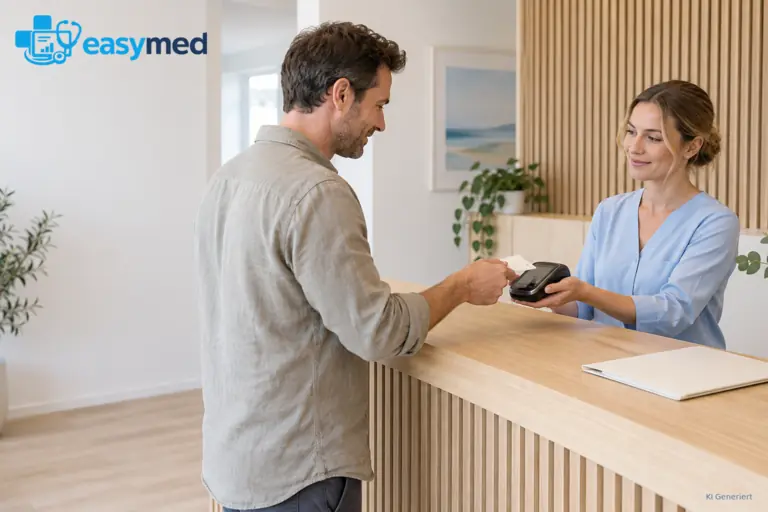 Patient hält seine Bankkarte über das Kartenterminal am Praxisempfang.