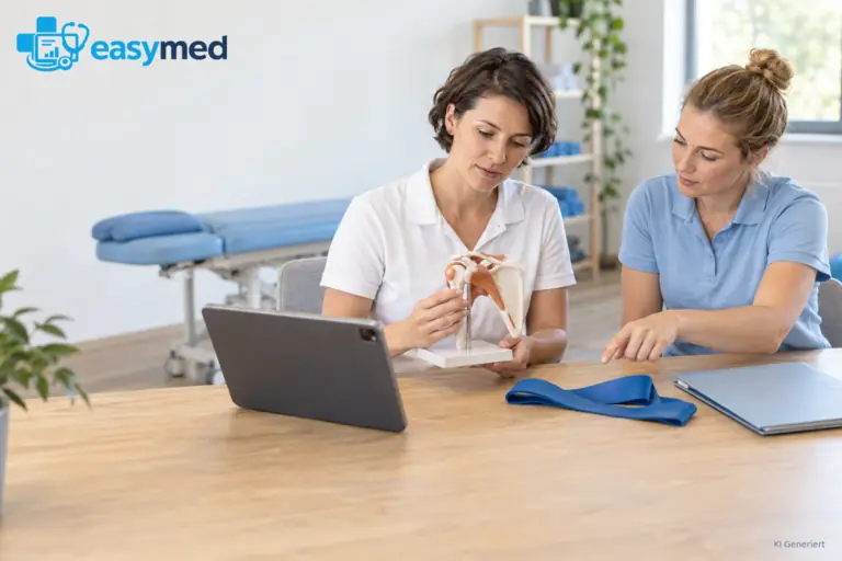 Zwei Therapeutinnen besprechen ihre Anforderungen anhand eines Schultermodells, Tablets und Trainingsbands.