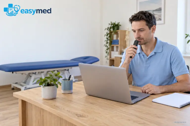 Physiotherapeut diktiert eine Notiz am Laptop in einem ruhigen Behandlungsraum.