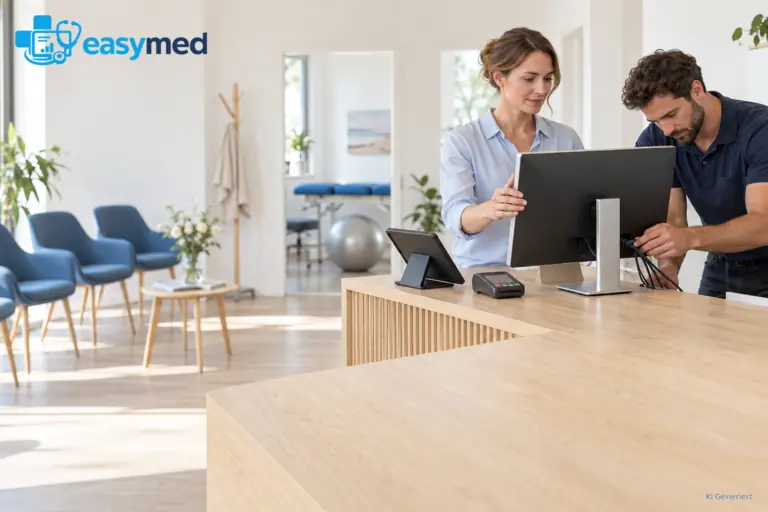 Praxismitarbeiterin und Techniker richten Bildschirm, Tablet und Kartenterminal am Empfang ein.