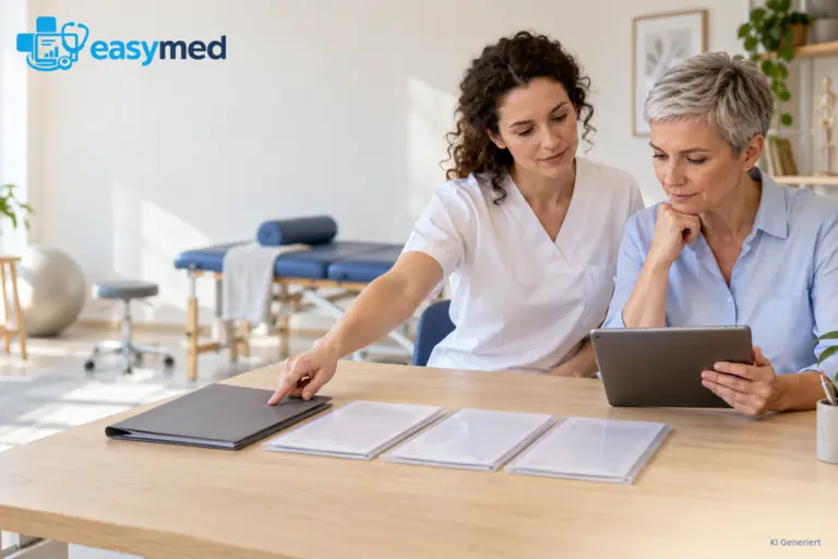 Zwei Therapeutinnen prüfen die Zuordnung von Dokumenten zu einem Tablet-Arbeitsablauf.