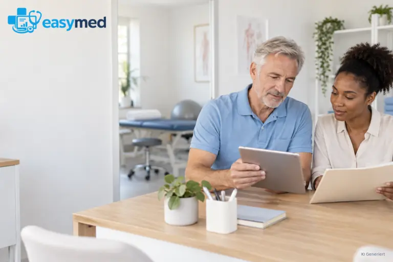 Zwei Therapiekollegen prüfen gemeinsam ein Tablet und eine Dokumentenmappe für die digitale Akte.