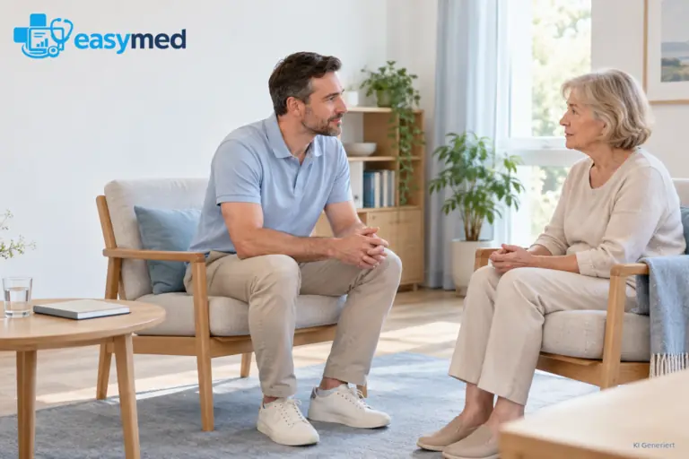 Therapeut hört einer älteren Patientin in einem ruhigen Gespräch auf Augenhöhe zu.