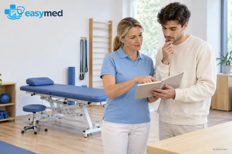 Erfahrene Physiotherapeutin bespricht Praxisnotizen mit einem jungen Lernenden im Therapieraum.