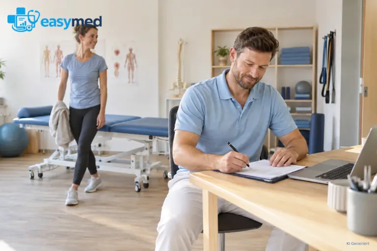Physiotherapeut hält nach einem Behandlungstermin Informationen für den weiteren Verlauf fest.