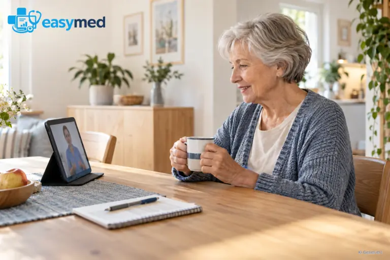 Patientin nutzt zu Hause eine vorbereitete Alltagshilfe neben digitalen Arbeitsmitteln.