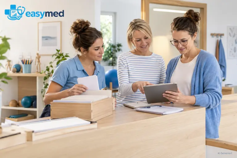Ergotherapieteam erprobt einen digitalen Verwaltungsablauf am Praxisempfang.