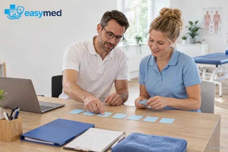 Physiotherapeut und Empfangskraft vergleichen Arbeitsaufgaben für einen Softwaretest.