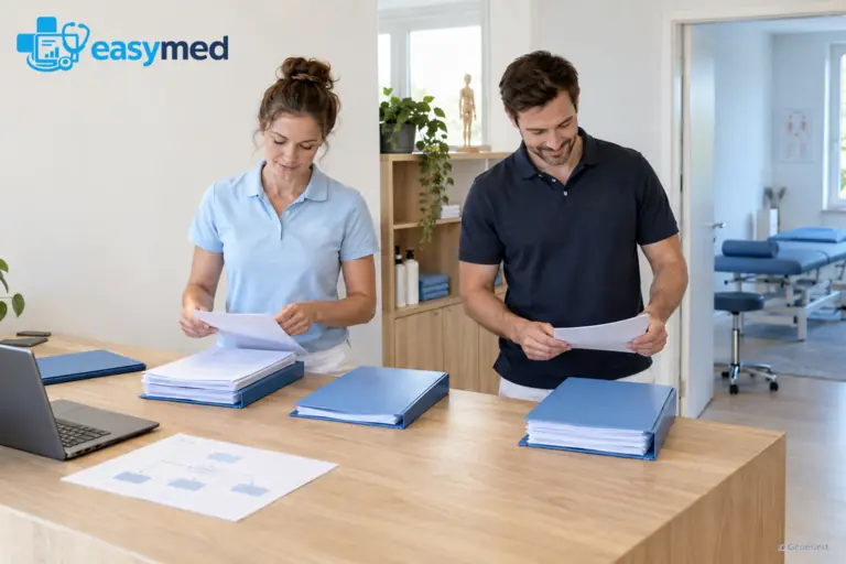 Neue Physiotherapiepraxis ordnet Unterlagen für verschiedene Abrechnungswege.